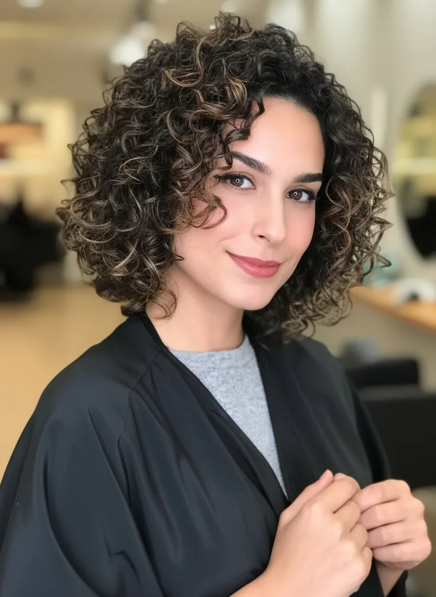 Voluminous Curly Bob with Chocolate-Caramel Highlights
